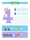 Printable worksheet for kindergarten and preschool. Learning numbers. Four